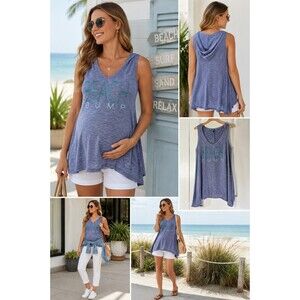 Beach Bump Motherhood Maternity Hooded Tank Top Beach Graphic Blue Purple...